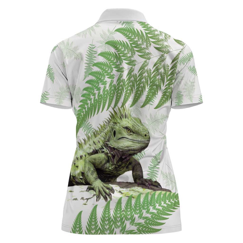 Green New Zealand Tuatara Women Polo Shirt Aotearoa Sphenodon Punctatus Silver Fern