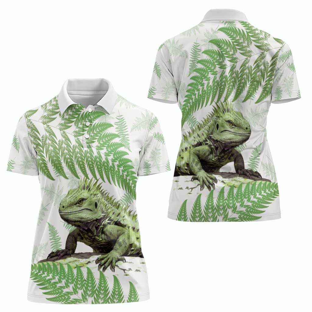 Green New Zealand Tuatara Women Polo Shirt Aotearoa Sphenodon Punctatus Silver Fern