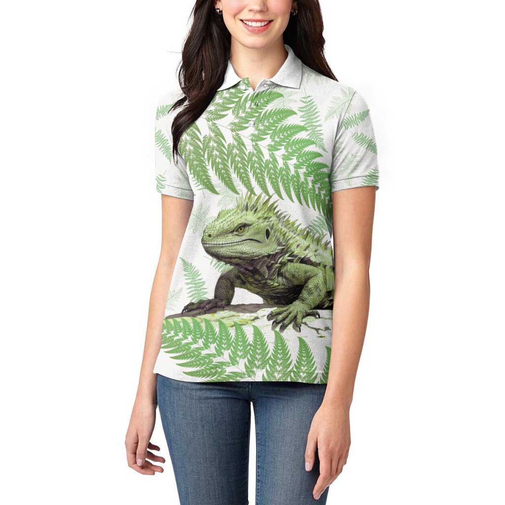 Green New Zealand Tuatara Women Polo Shirt Aotearoa Sphenodon Punctatus Silver Fern