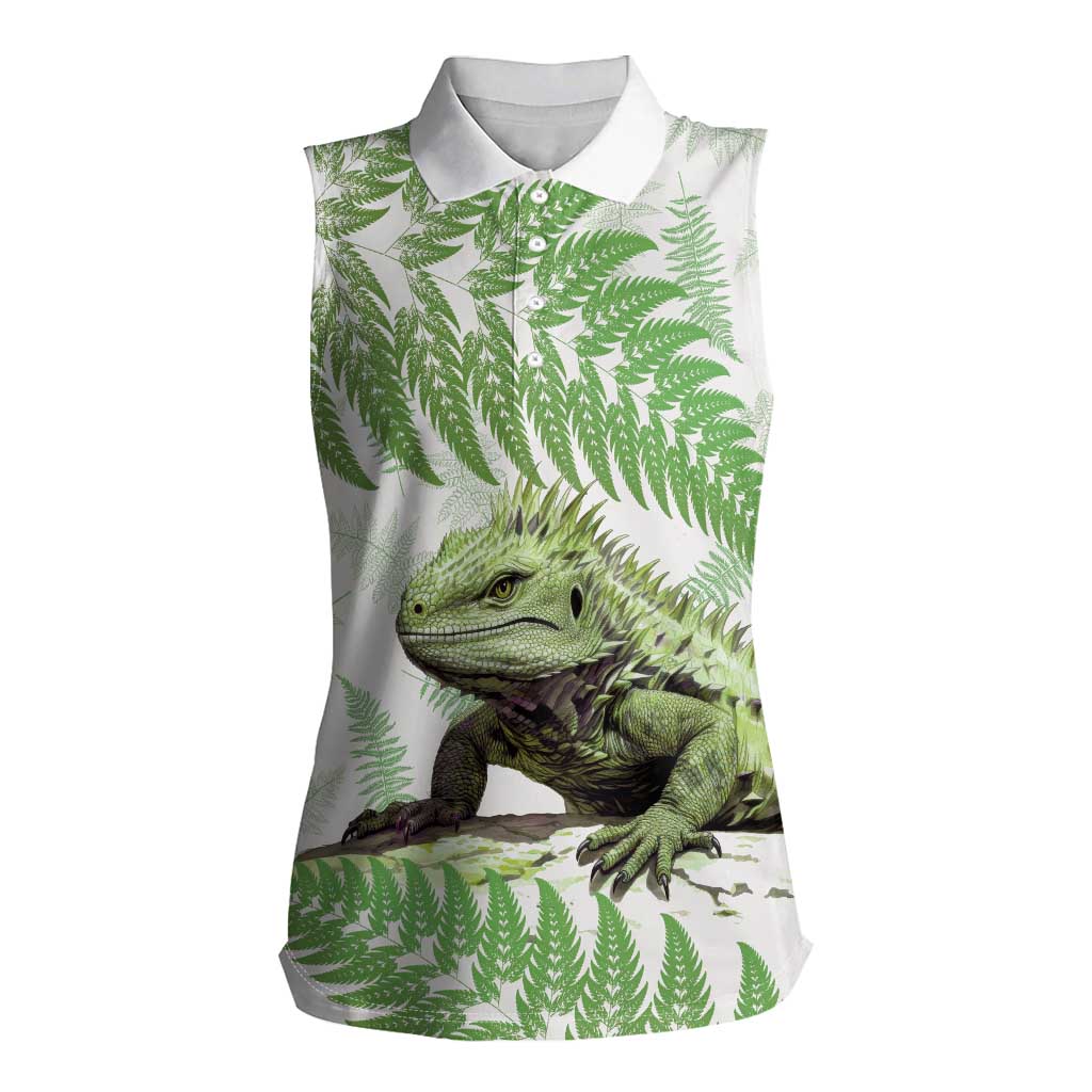 Green New Zealand Tuatara Women Sleeveless Polo Shirt Aotearoa Sphenodon Punctatus Silver Fern