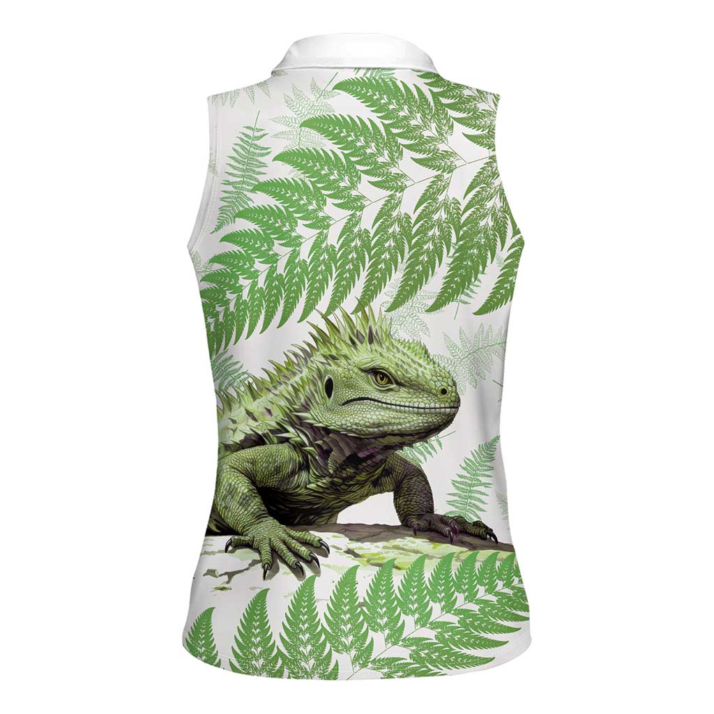 Green New Zealand Tuatara Women Sleeveless Polo Shirt Aotearoa Sphenodon Punctatus Silver Fern