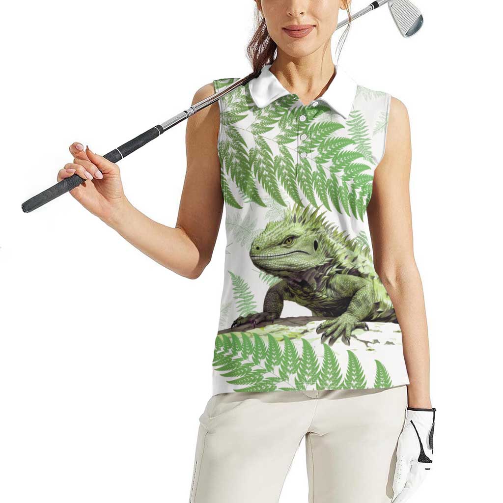 Green New Zealand Tuatara Women Sleeveless Polo Shirt Aotearoa Sphenodon Punctatus Silver Fern