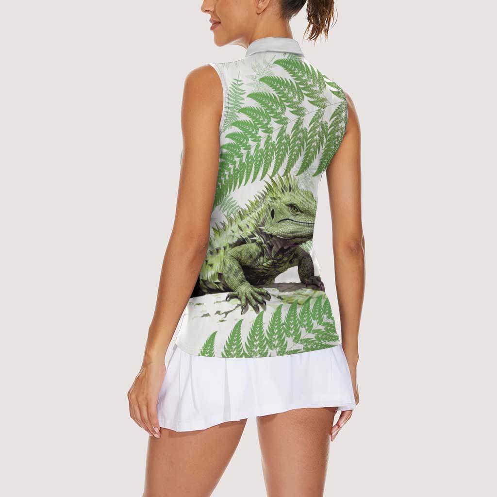 Green New Zealand Tuatara Women Sleeveless Polo Shirt Aotearoa Sphenodon Punctatus Silver Fern