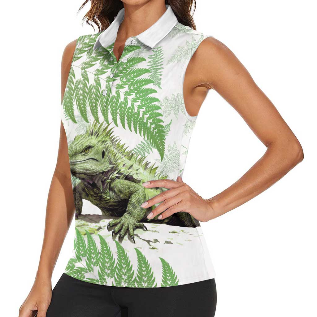 Green New Zealand Tuatara Women Sleeveless Polo Shirt Aotearoa Sphenodon Punctatus Silver Fern