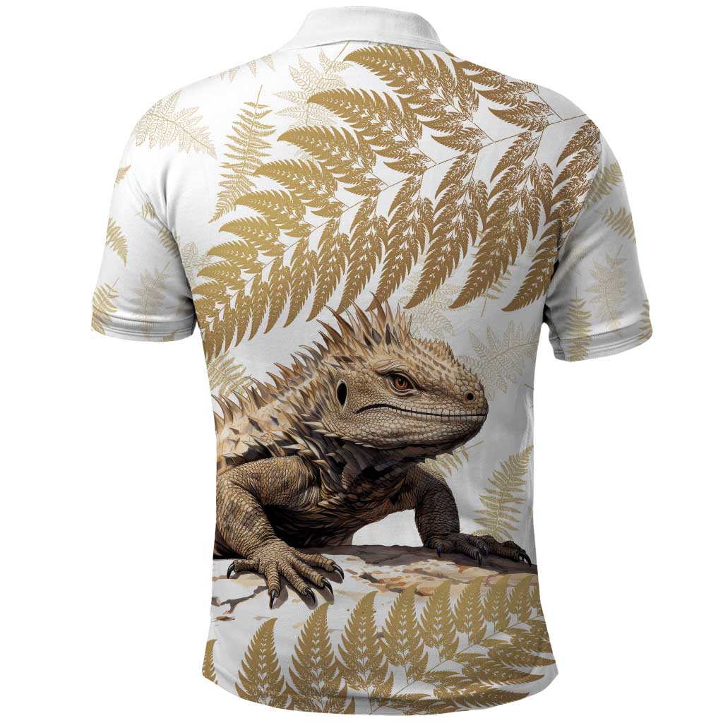 Gold New Zealand Tuatara Polo Shirt Aotearoa Sphenodon Punctatus Silver Fern