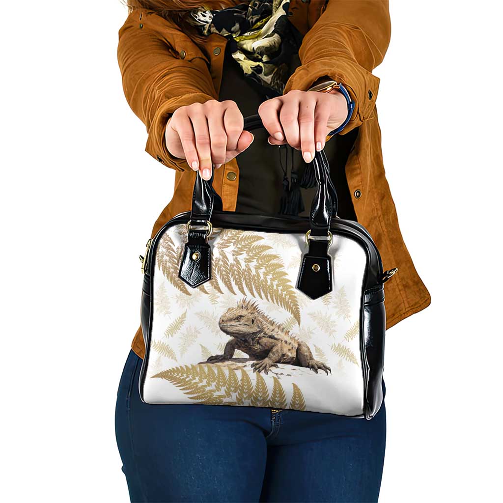 Gold New Zealand Tuatara Shoulder Handbag Aotearoa Sphenodon Punctatus Silver Fern