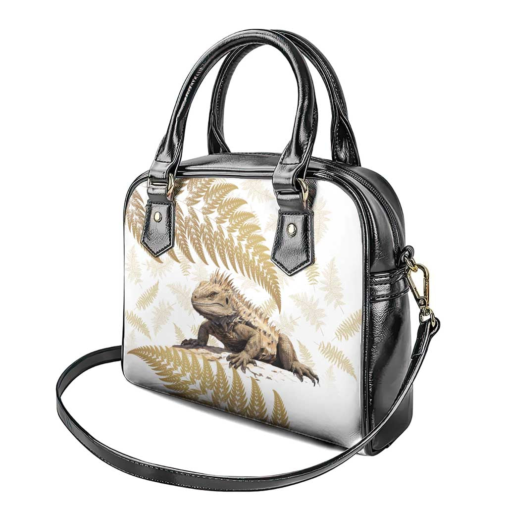 Gold New Zealand Tuatara Shoulder Handbag Aotearoa Sphenodon Punctatus Silver Fern