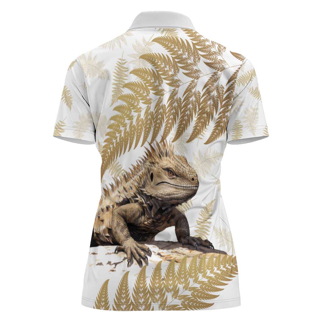 Gold New Zealand Tuatara Women Polo Shirt Aotearoa Sphenodon Punctatus Silver Fern