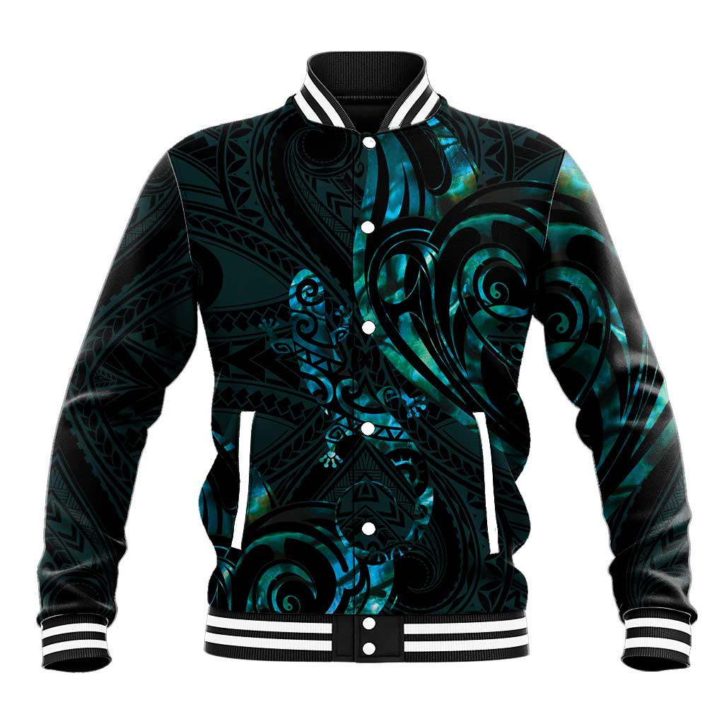 New Zealand Skink Baseball Jacket Aotearoa Maori Mix Paua Shell