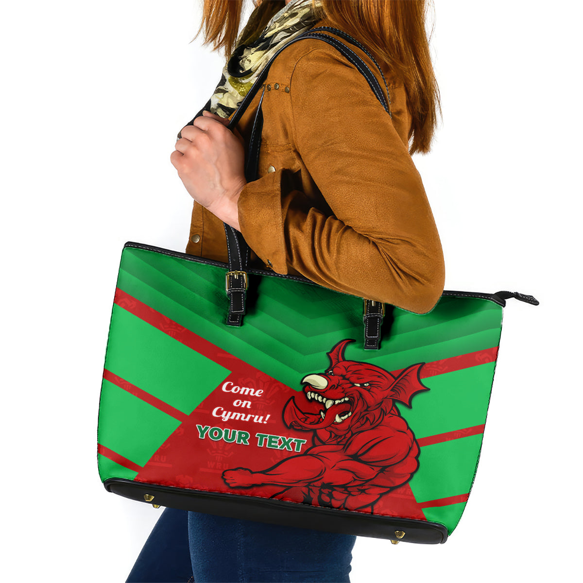 Custom Wales Rugby Leather Tote Bag 2024 Six Nations Come On Cymru Mascot Sporty