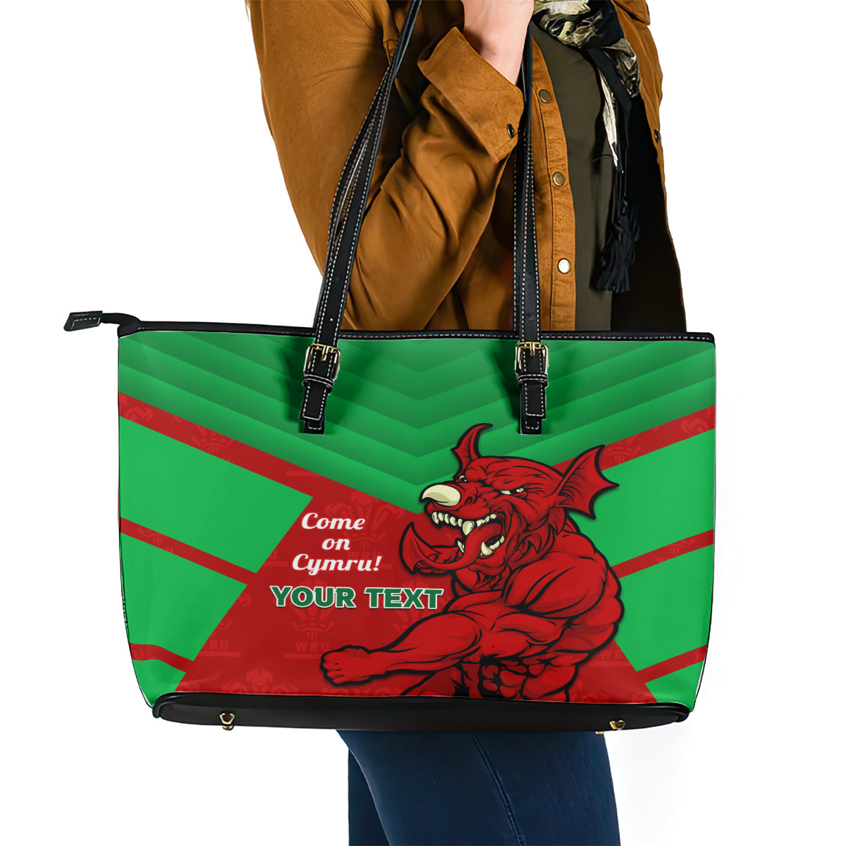 Custom Wales Rugby Leather Tote Bag 2024 Six Nations Come On Cymru Mascot Sporty