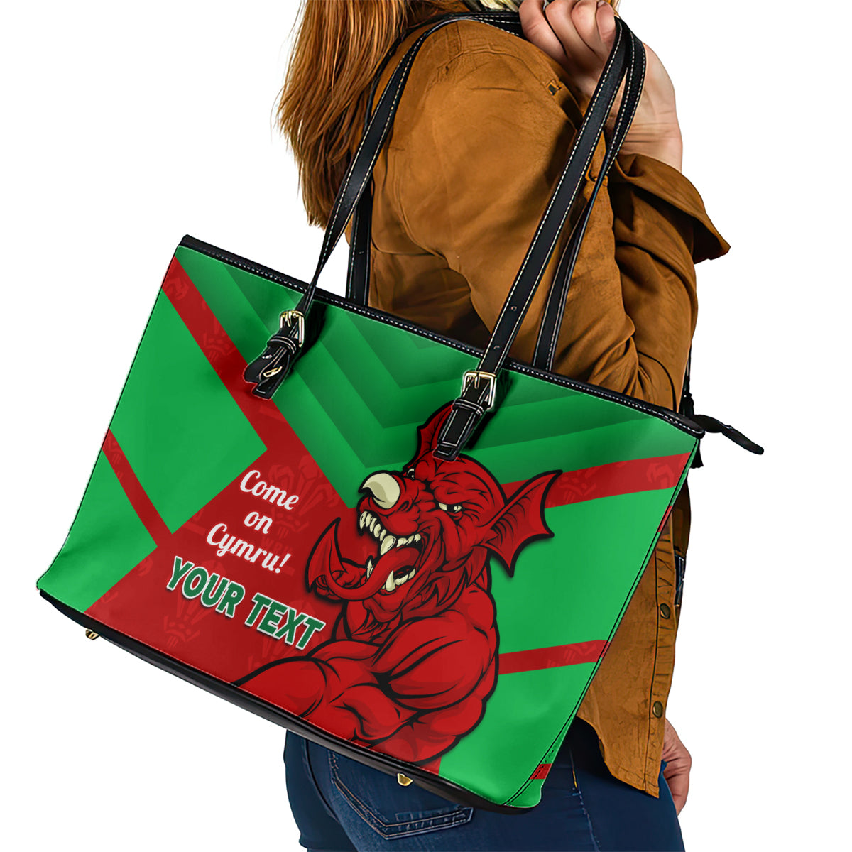 Custom Wales Rugby Leather Tote Bag 2024 Six Nations Come On Cymru Mascot Sporty