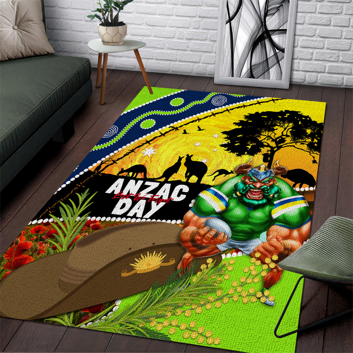 Raiders Rugby ANZAC Day Area Rug Green Machine Mascot Rosemary Starry Night