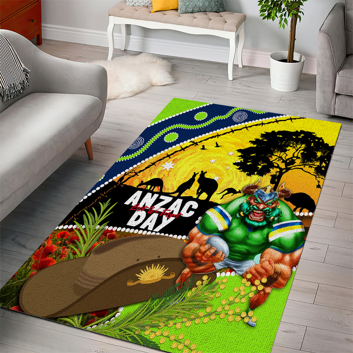 Raiders Rugby ANZAC Day Area Rug Green Machine Mascot Rosemary Starry Night