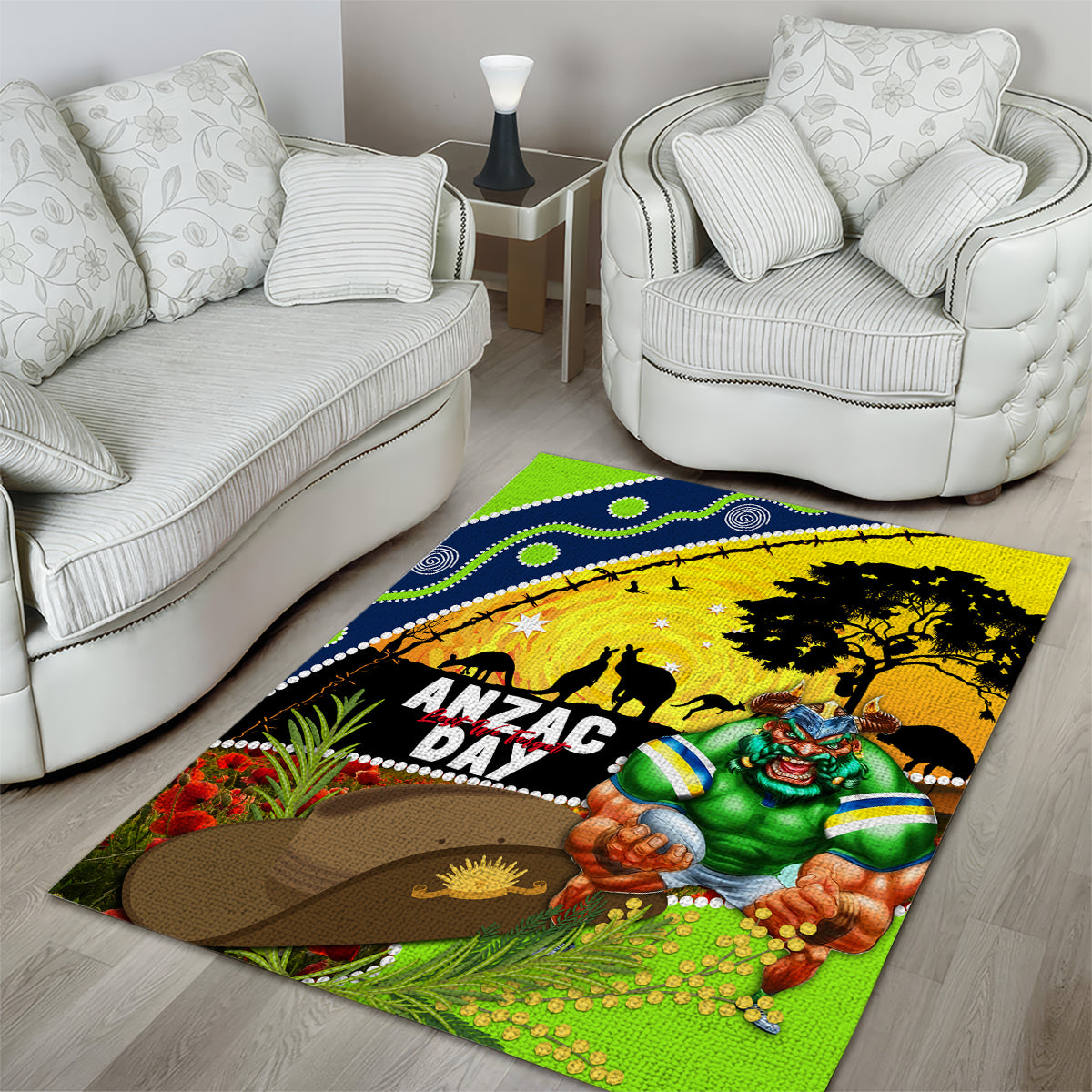 Raiders Rugby ANZAC Day Area Rug Green Machine Mascot Rosemary Starry Night