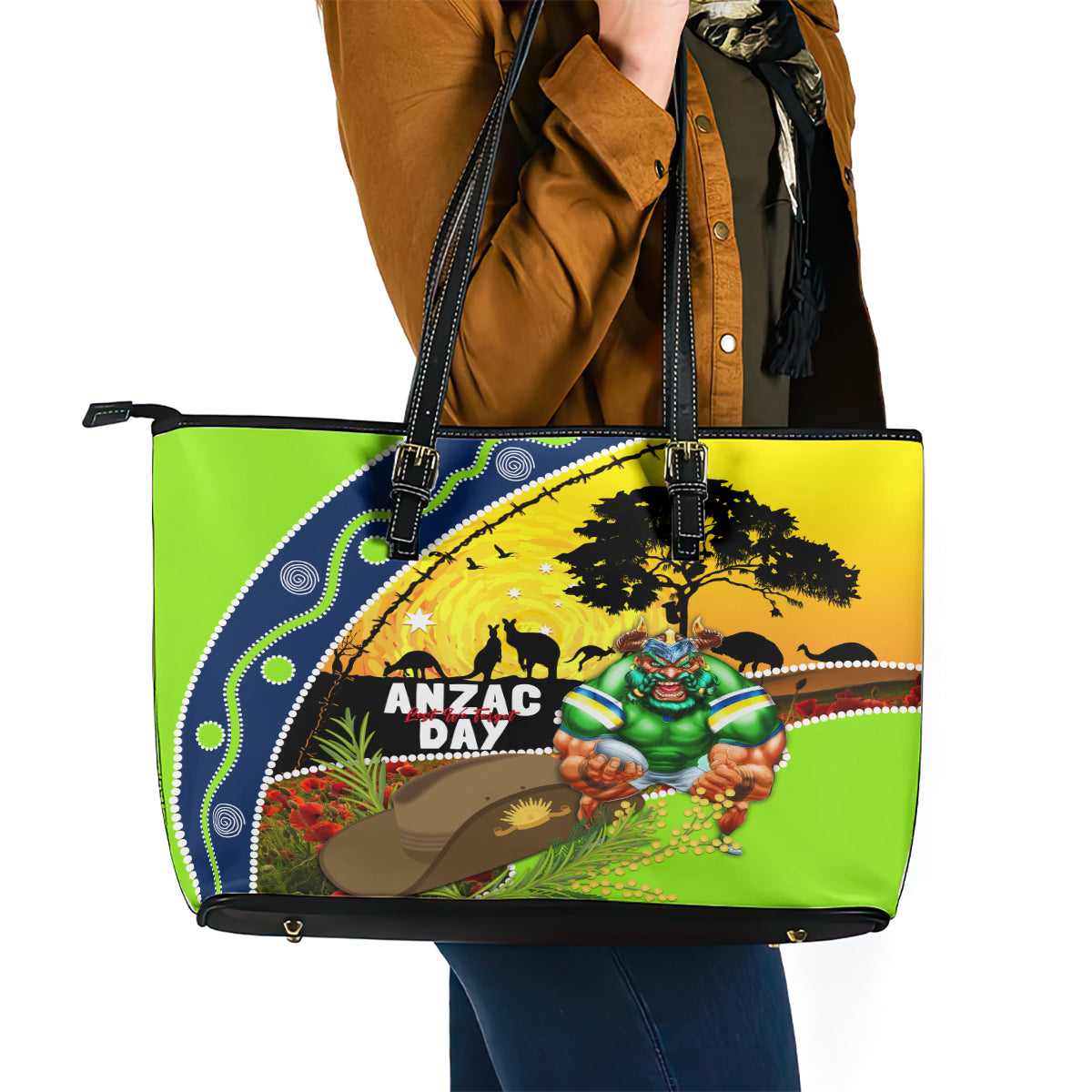 Raiders Rugby ANZAC Day Leather Tote Bag Green Machine Mascot Rosemary Starry Night