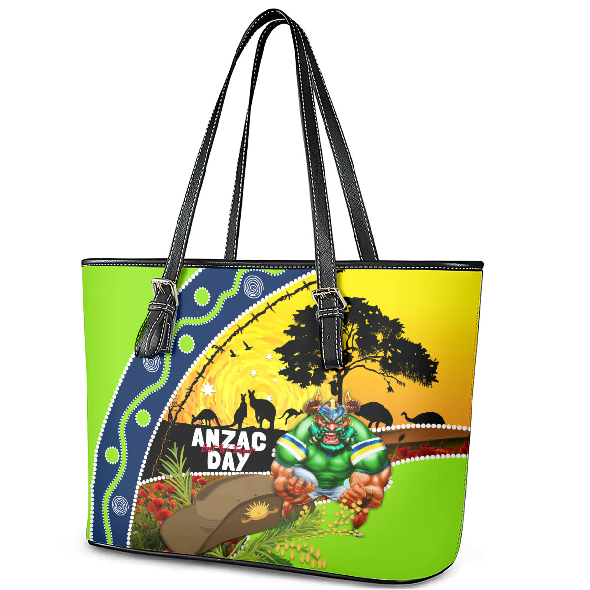 Raiders Rugby ANZAC Day Leather Tote Bag Green Machine Mascot Rosemary Starry Night