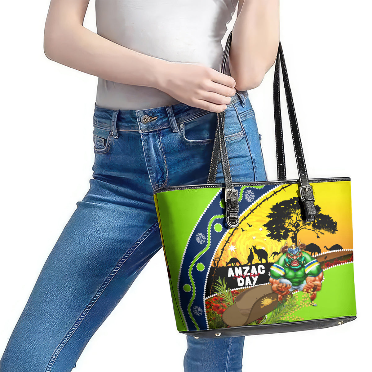 Raiders Rugby ANZAC Day Leather Tote Bag Green Machine Mascot Rosemary Starry Night