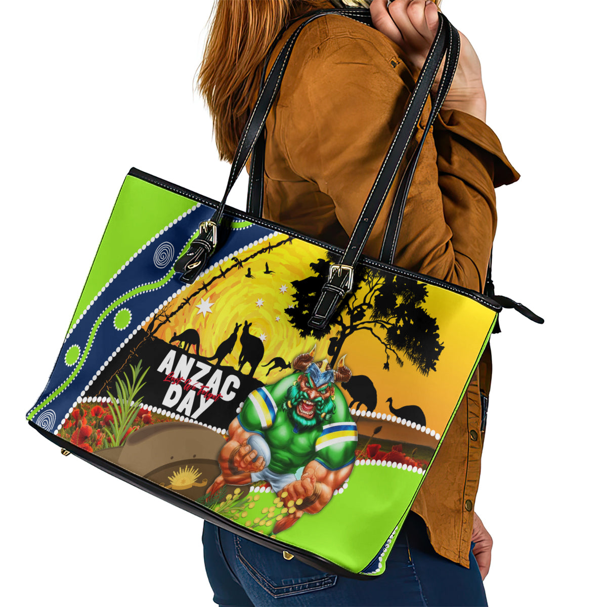 Raiders Rugby ANZAC Day Leather Tote Bag Green Machine Mascot Rosemary Starry Night