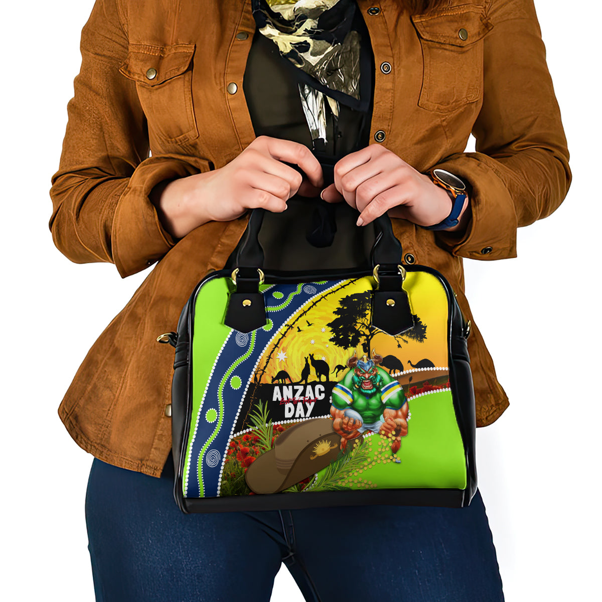 Raiders Rugby ANZAC Day Shoulder Handbag Green Machine Mascot Rosemary Starry Night