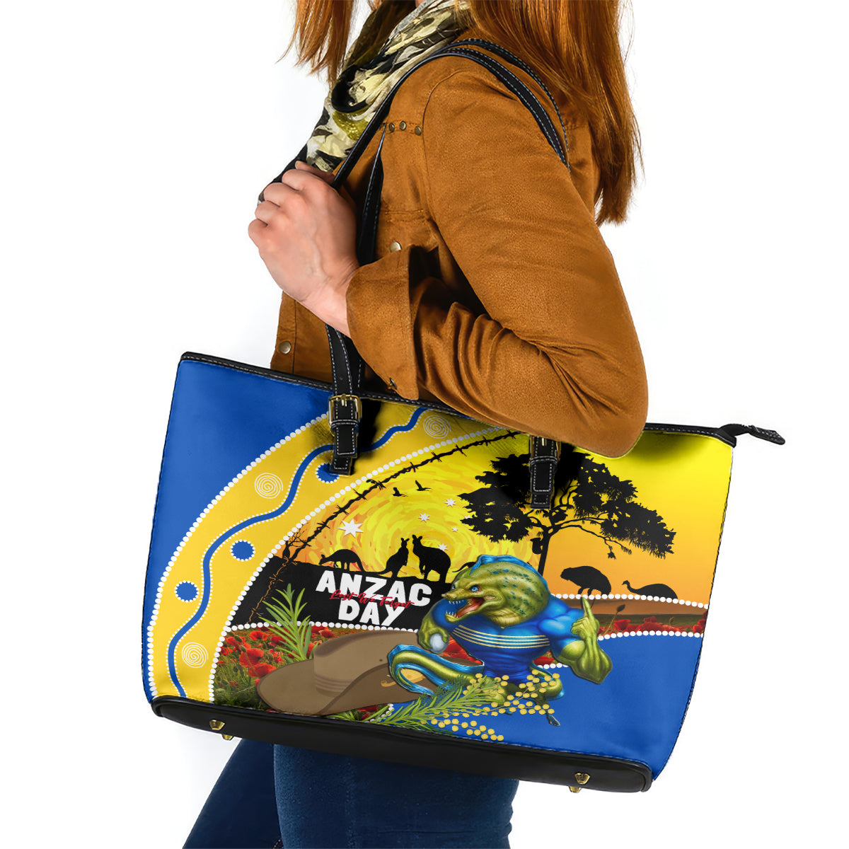 Eels Rugby ANZAC Day Leather Tote Bag Parra Mascot Rosemary Starry Night