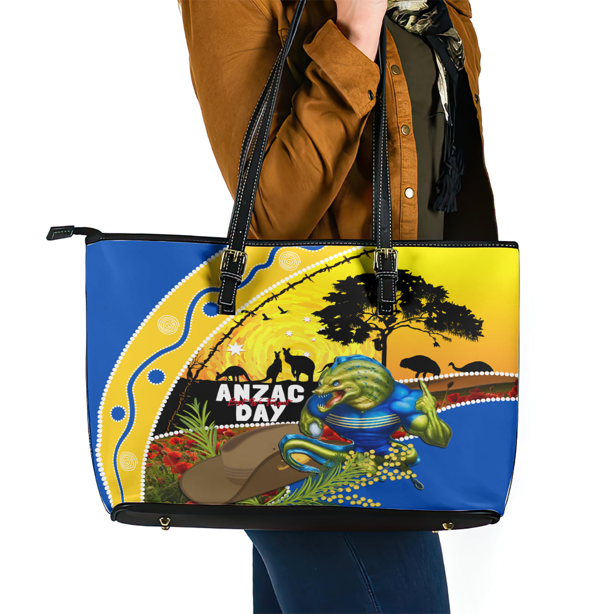 Eels Rugby ANZAC Day Leather Tote Bag Parra Mascot Rosemary Starry Night