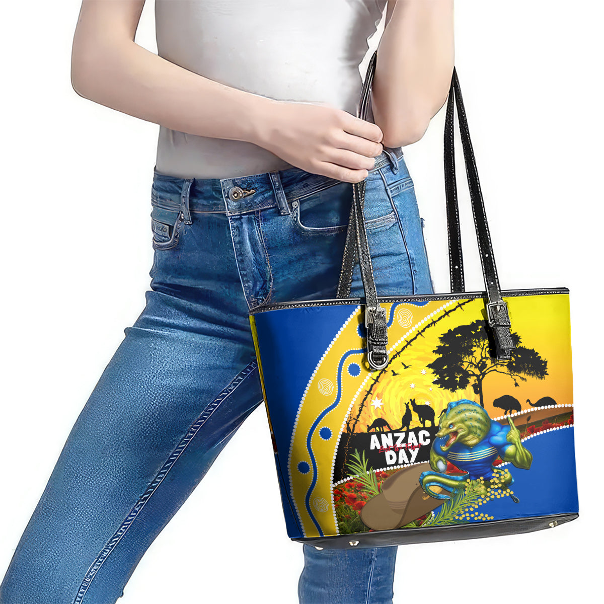 Eels Rugby ANZAC Day Leather Tote Bag Parra Mascot Rosemary Starry Night