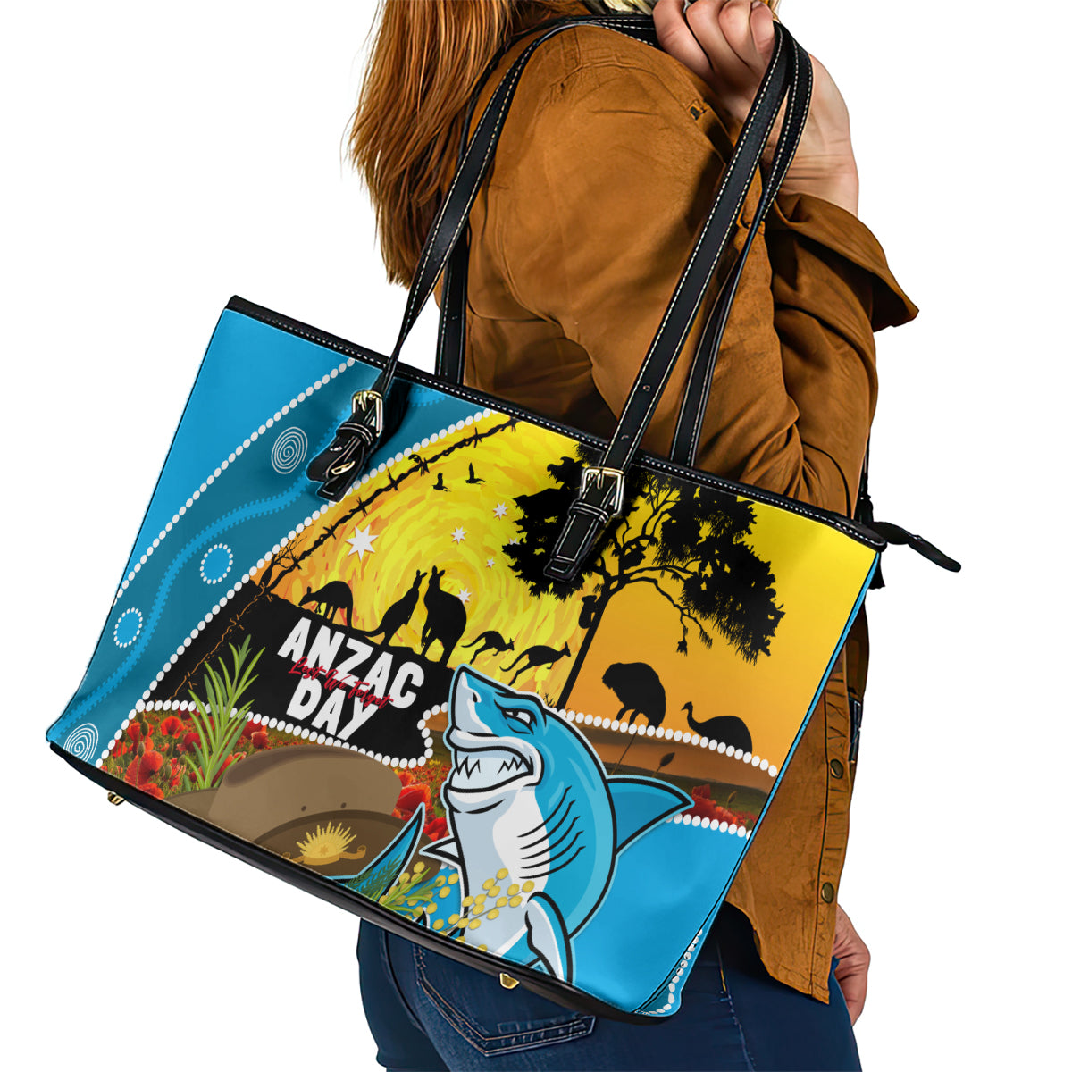 Sharks Rugby ANZAC Day Leather Tote Bag Sharkies Rosemary Starry Night