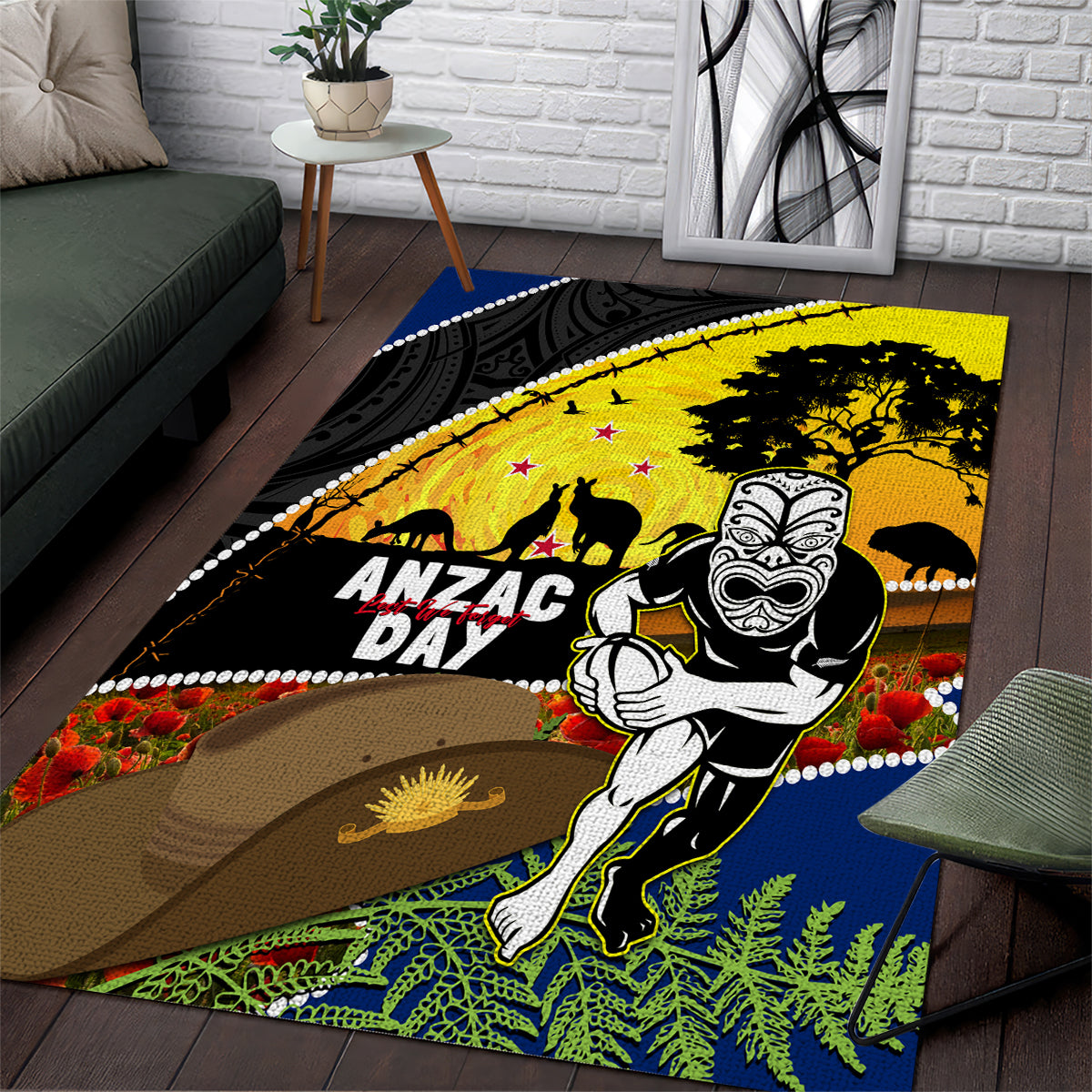 Warriors Rugby ANZAC Day Area Rug New Zealand Wahs Tiki Mascot Rosemary Starry Night