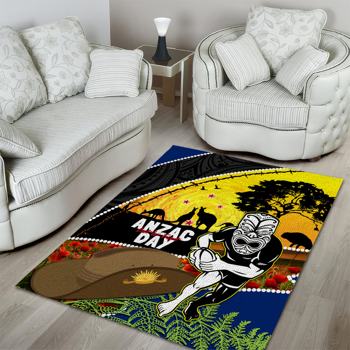 Warriors Rugby ANZAC Day Area Rug New Zealand Wahs Tiki Mascot Rosemary Starry Night