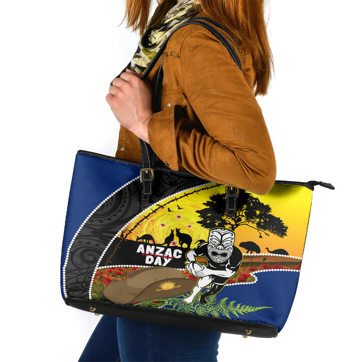 Warriors Rugby ANZAC Day Leather Tote Bag New Zealand Wahs Tiki Mascot Rosemary Starry Night