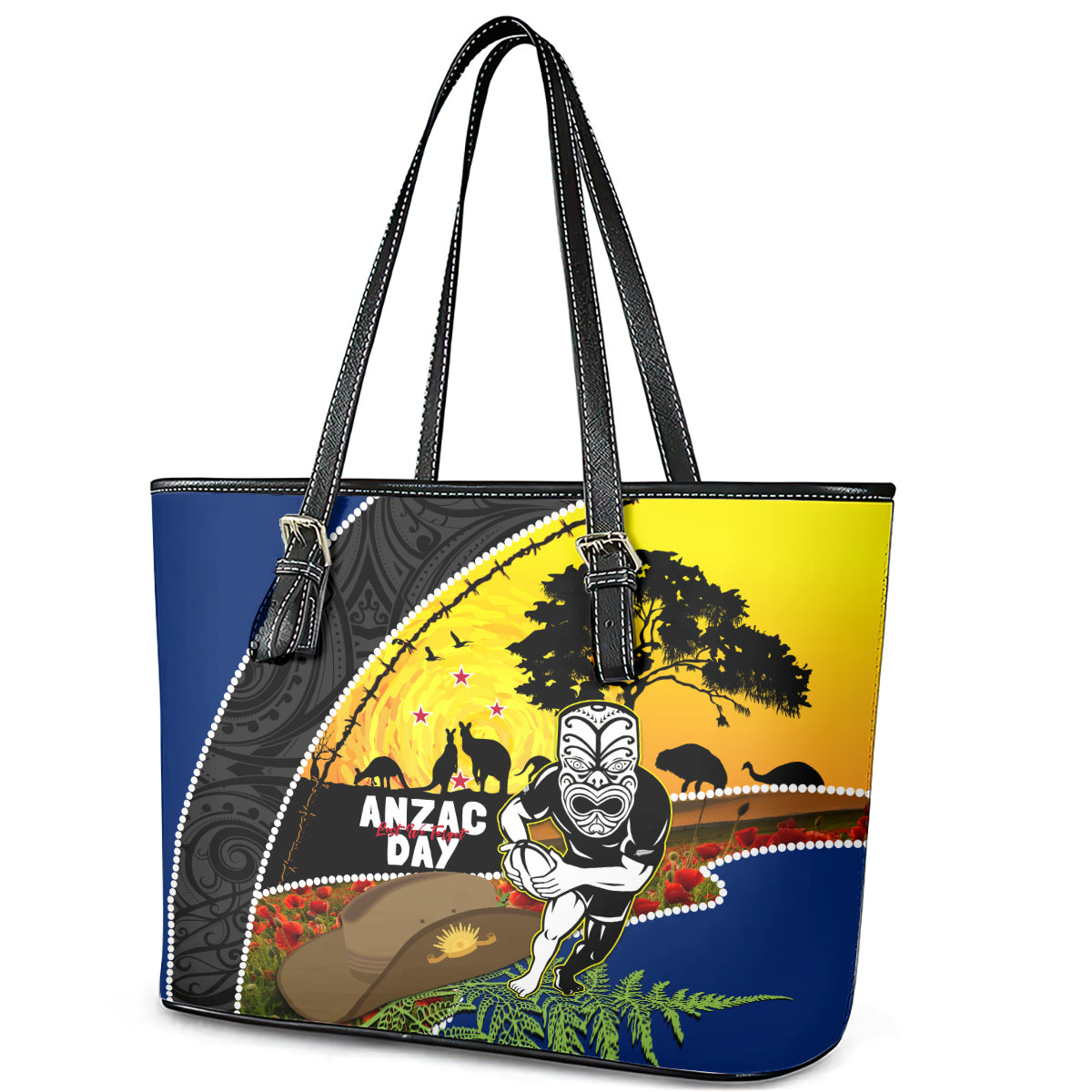 Warriors Rugby ANZAC Day Leather Tote Bag New Zealand Wahs Tiki Mascot Rosemary Starry Night