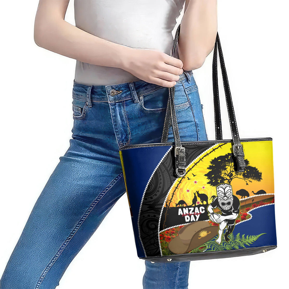 Warriors Rugby ANZAC Day Leather Tote Bag New Zealand Wahs Tiki Mascot Rosemary Starry Night