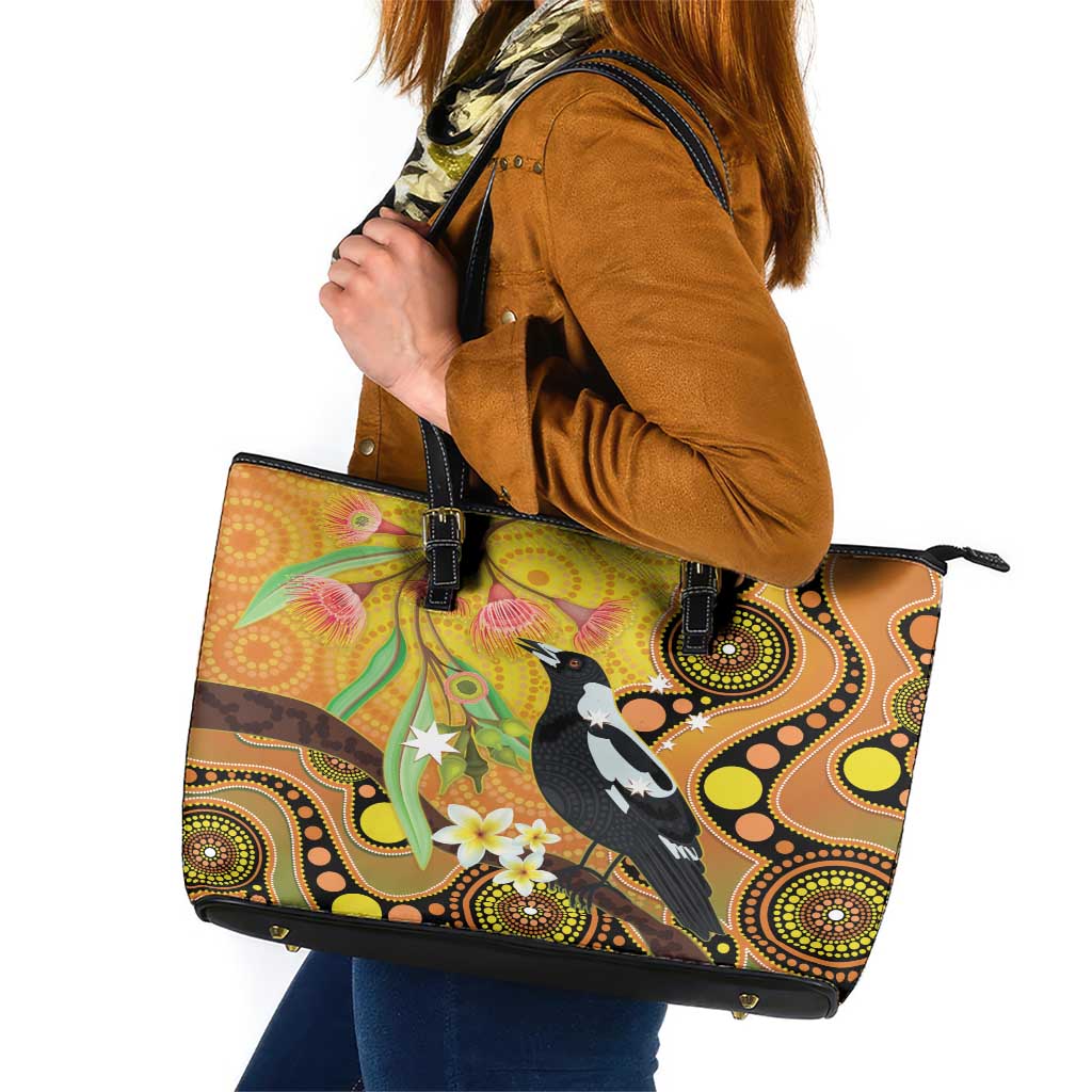 Australia Eucalyptus Flower And Magpie Leather Tote Bag Aboriginal Art