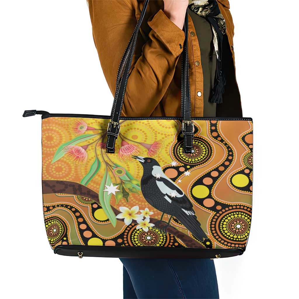 Australia Eucalyptus Flower And Magpie Leather Tote Bag Aboriginal Art