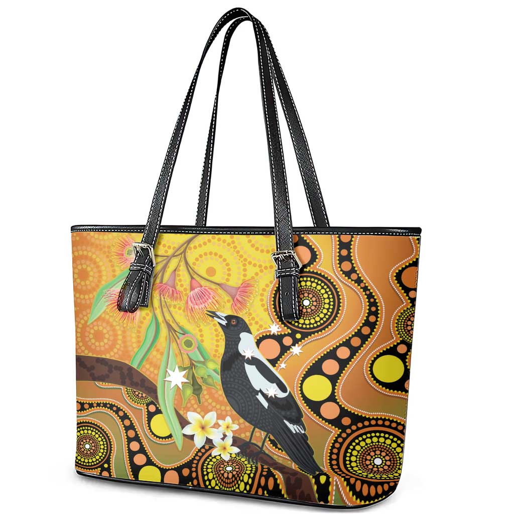 Australia Eucalyptus Flower And Magpie Leather Tote Bag Aboriginal Art