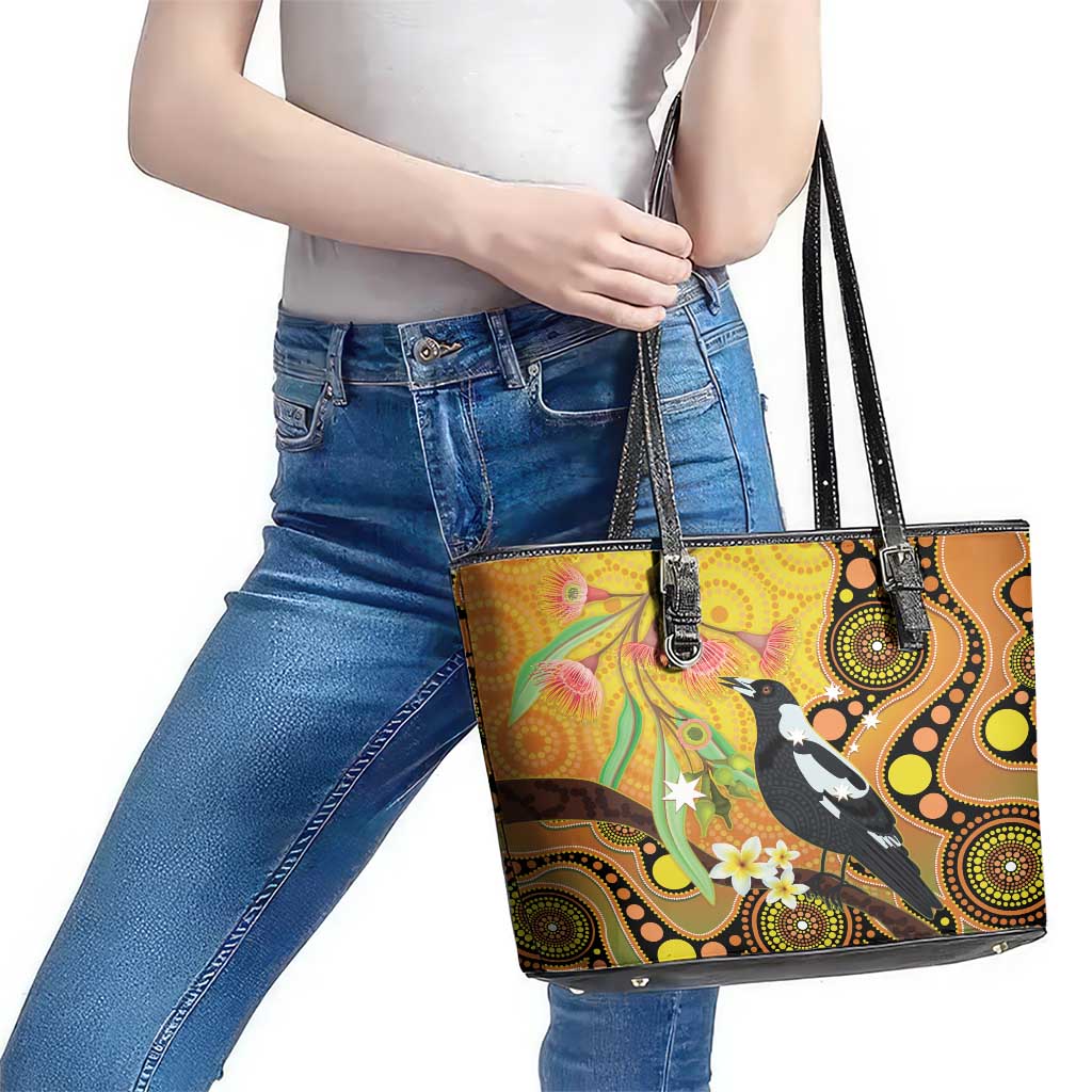 Australia Eucalyptus Flower And Magpie Leather Tote Bag Aboriginal Art