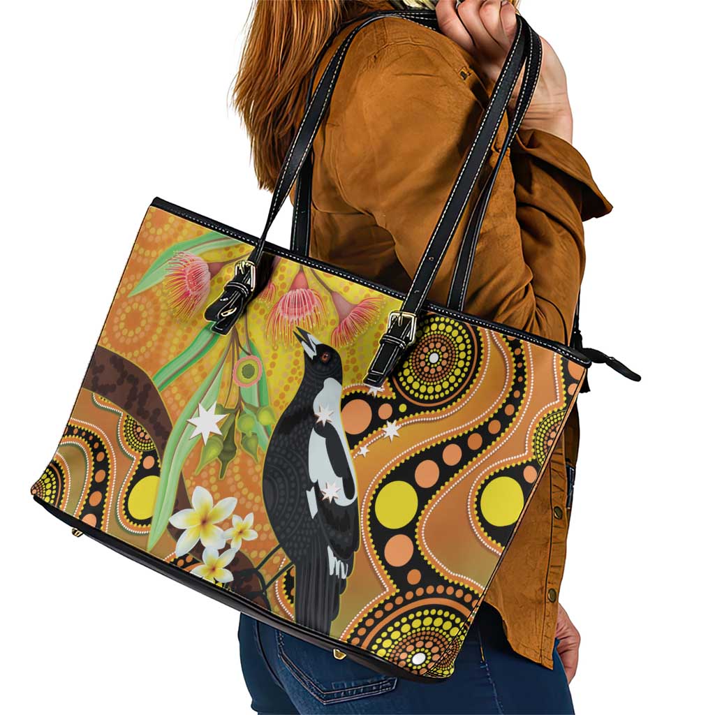 Australia Eucalyptus Flower And Magpie Leather Tote Bag Aboriginal Art