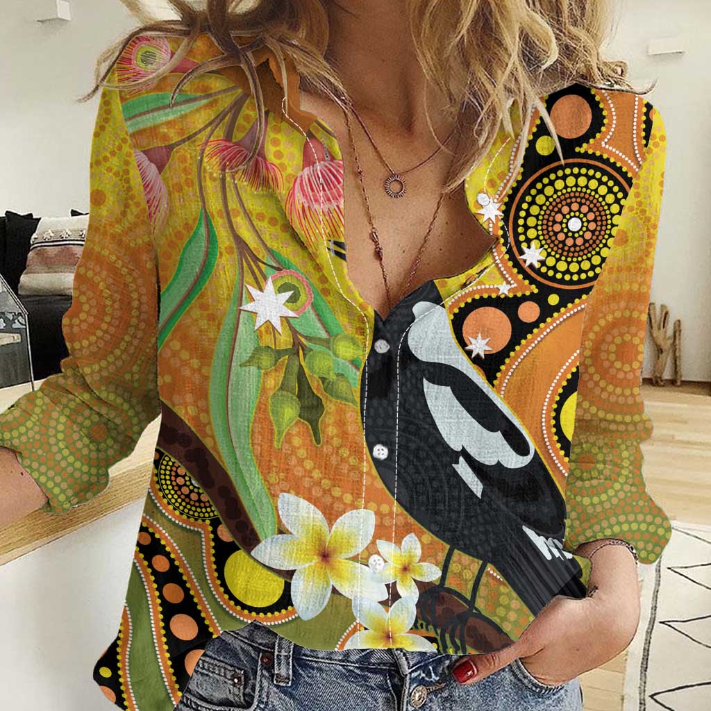 Australia Eucalyptus Flower And Magpie Women Casual Shirt Aboriginal Art