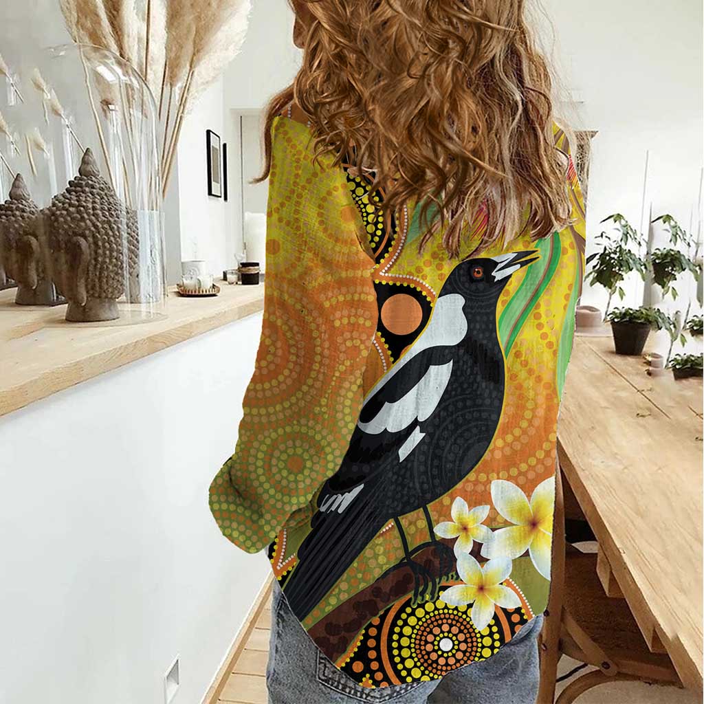 Australia Eucalyptus Flower And Magpie Women Casual Shirt Aboriginal Art