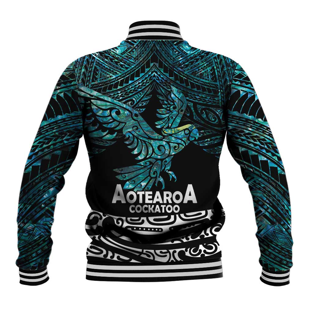 New Zealand Sulphur-crested Cockatoo Baseball Jacket Aotearoa Maori Mix Paua Shell