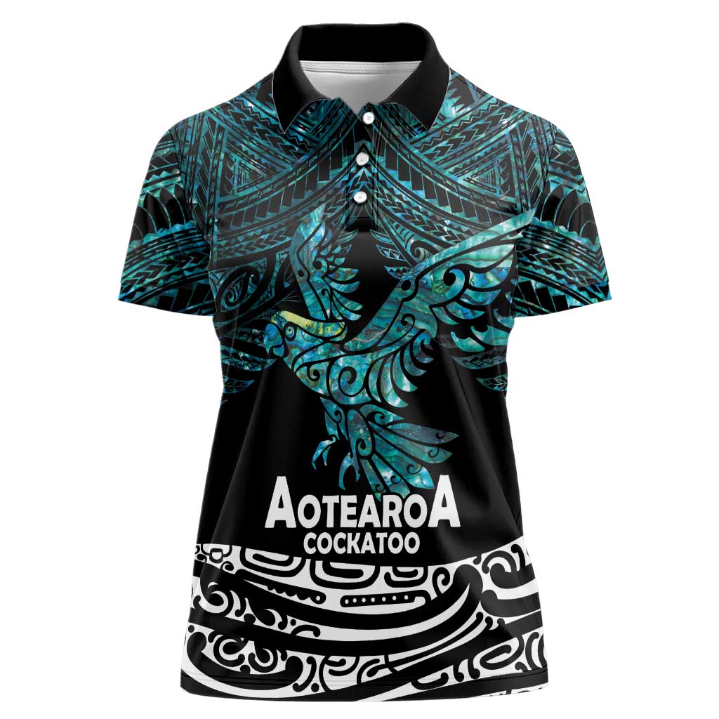 New Zealand Sulphur-crested Cockatoo Women Polo Shirt Aotearoa Maori Mix Paua Shell