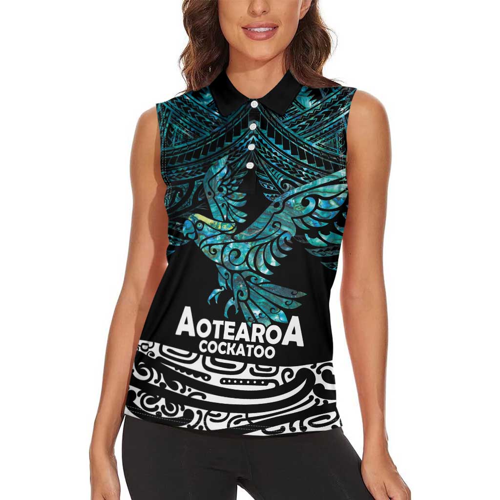 New Zealand Sulphur-crested Cockatoo Women Sleeveless Polo Shirt Aotearoa Maori Mix Paua Shell