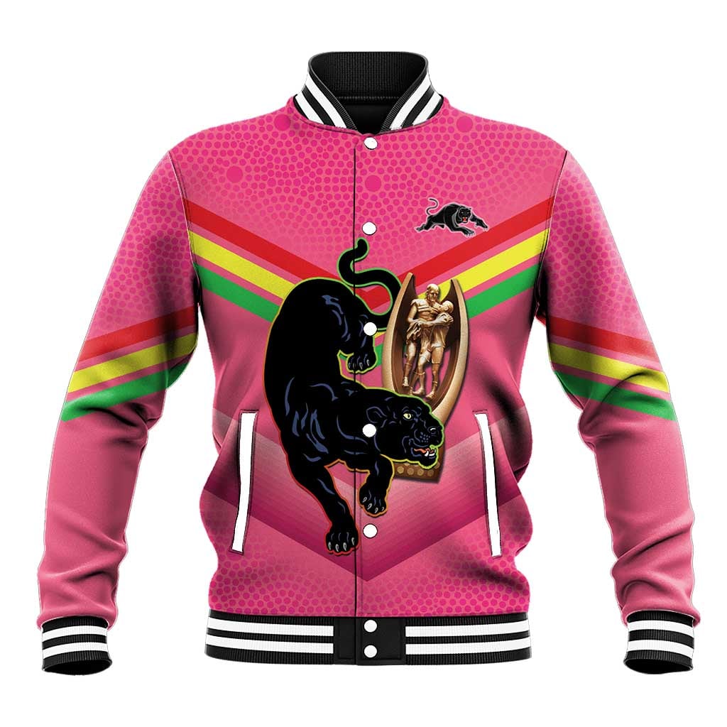 Personalised Panthers Rugby 2024 Baseball Jacket Mascot With Trophy Go Champions Aboriginal Art - Pink LT14