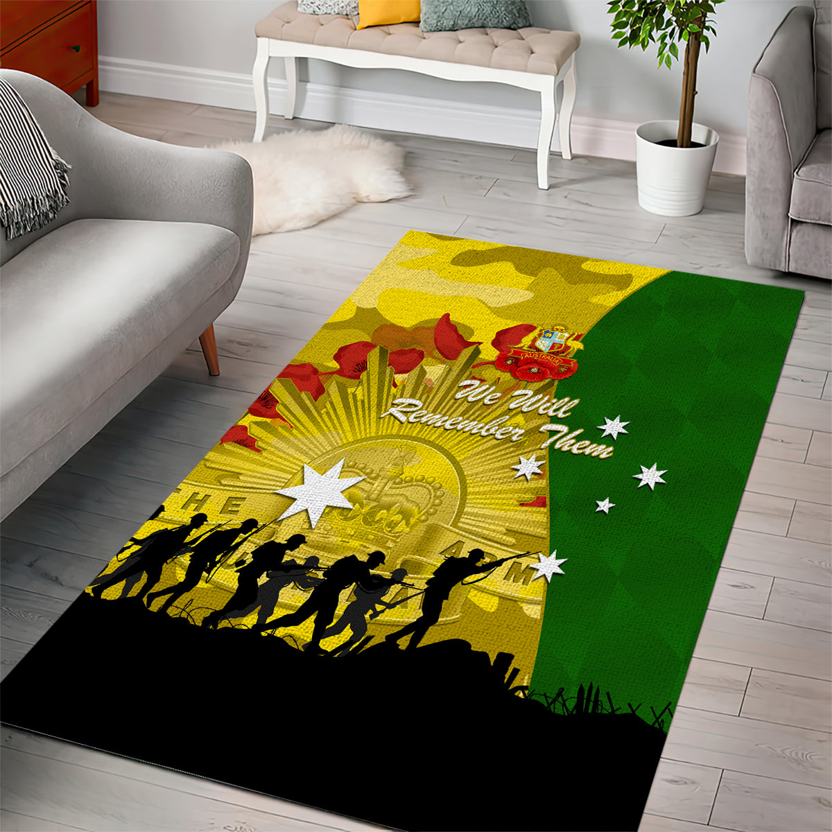 Australia Cricket ANZAC Day 2024 Area Rug Australian Army Camouflage With Poppies