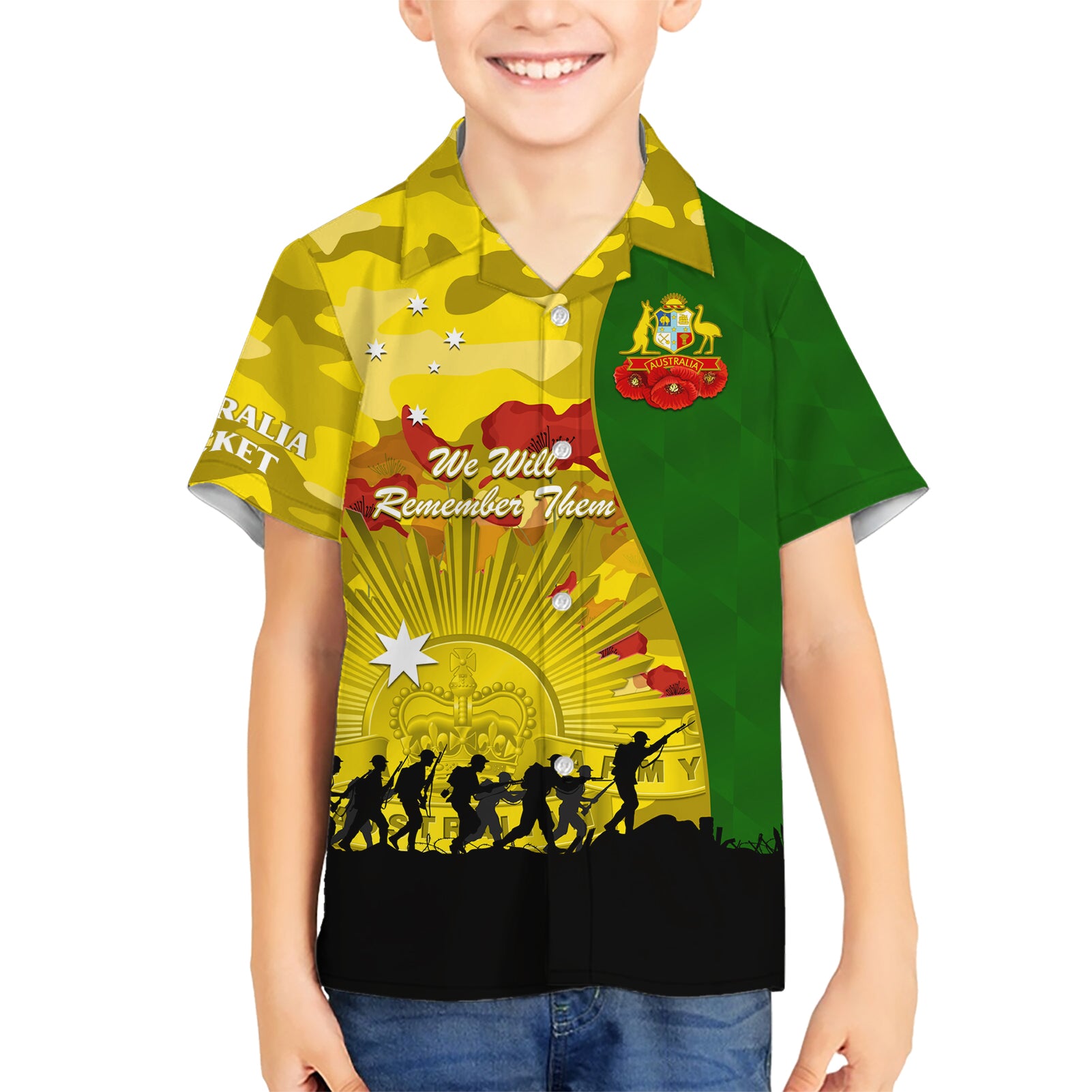 Australia Cricket ANZAC Day 2024 Kid Hawaiian Shirt Australian Army Camouflage With Poppies