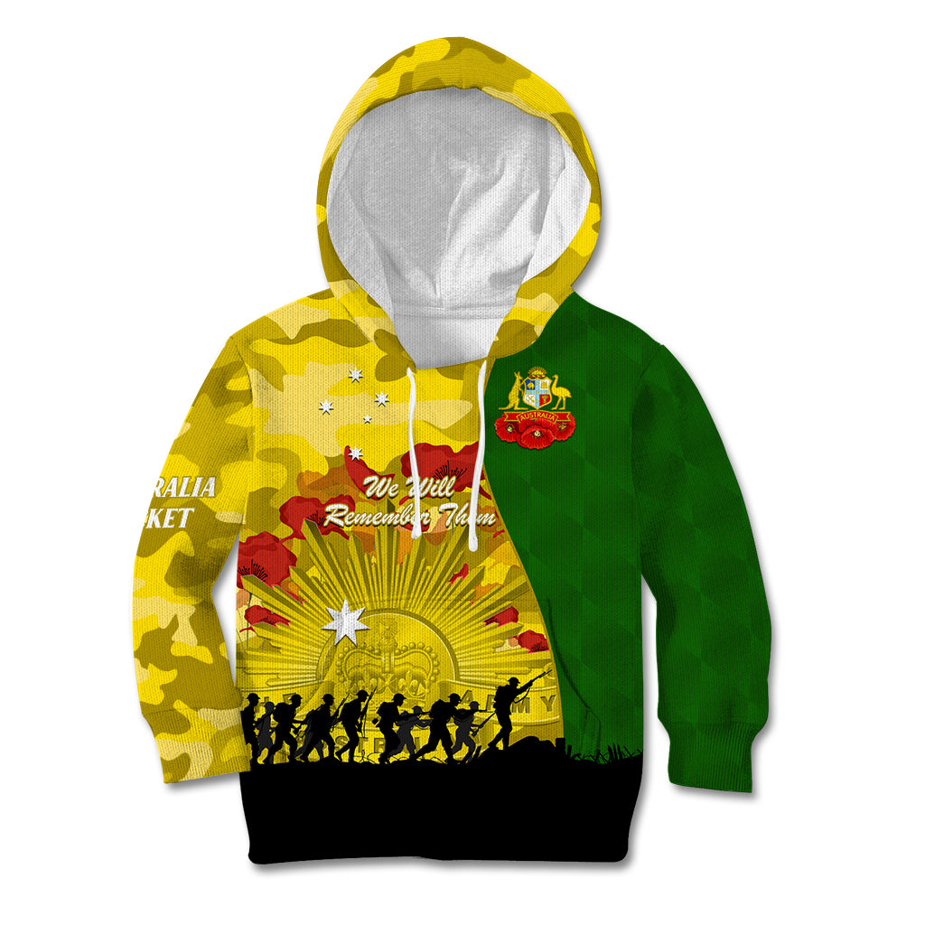 Australia Cricket ANZAC Day 2024 Kid Hoodie Australian Army Camouflage With Poppies