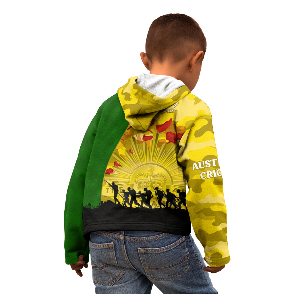 Australia Cricket ANZAC Day 2024 Kid Hoodie Australian Army Camouflage With Poppies