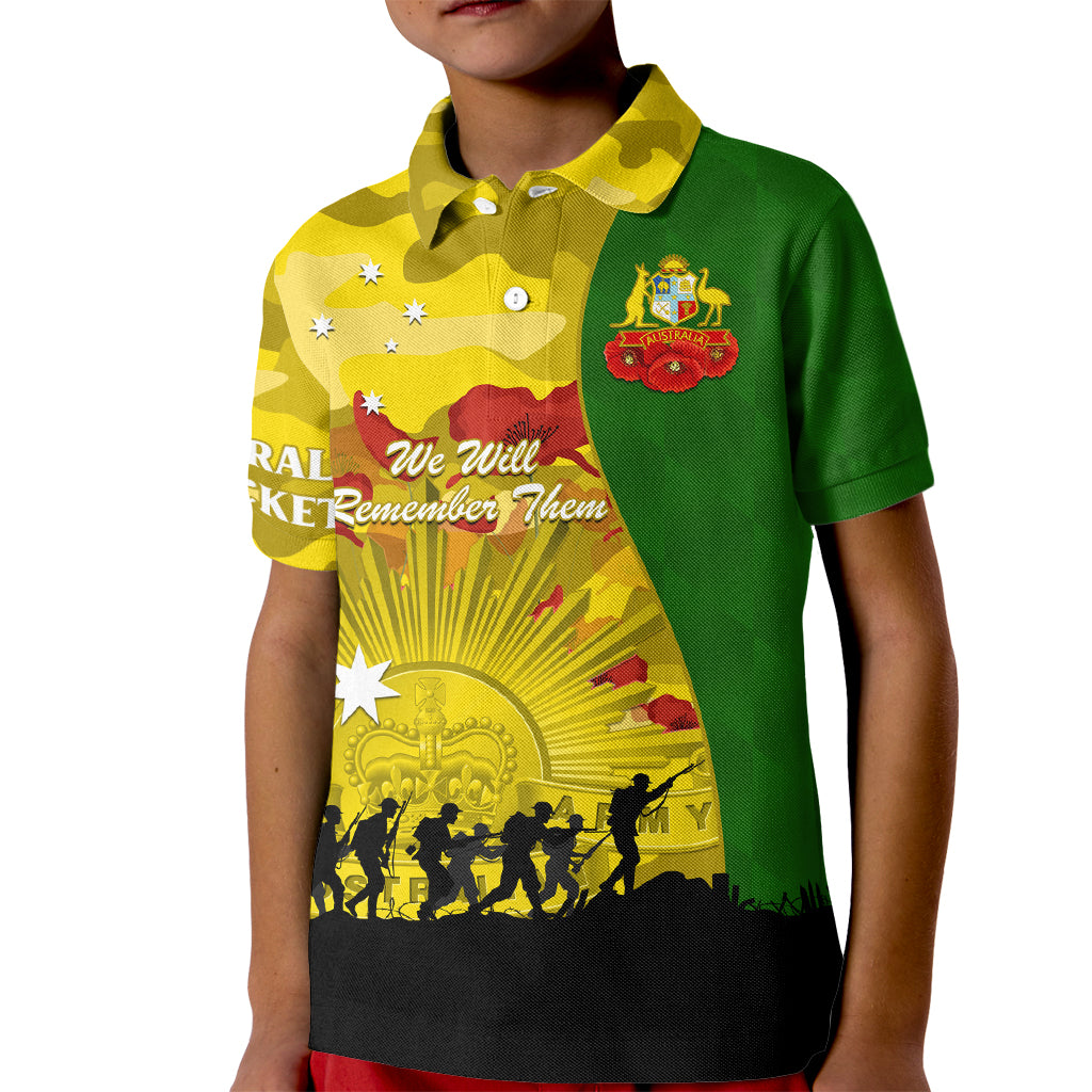 Australia Cricket ANZAC Day 2024 Kid Polo Shirt Australian Army Camouflage With Poppies