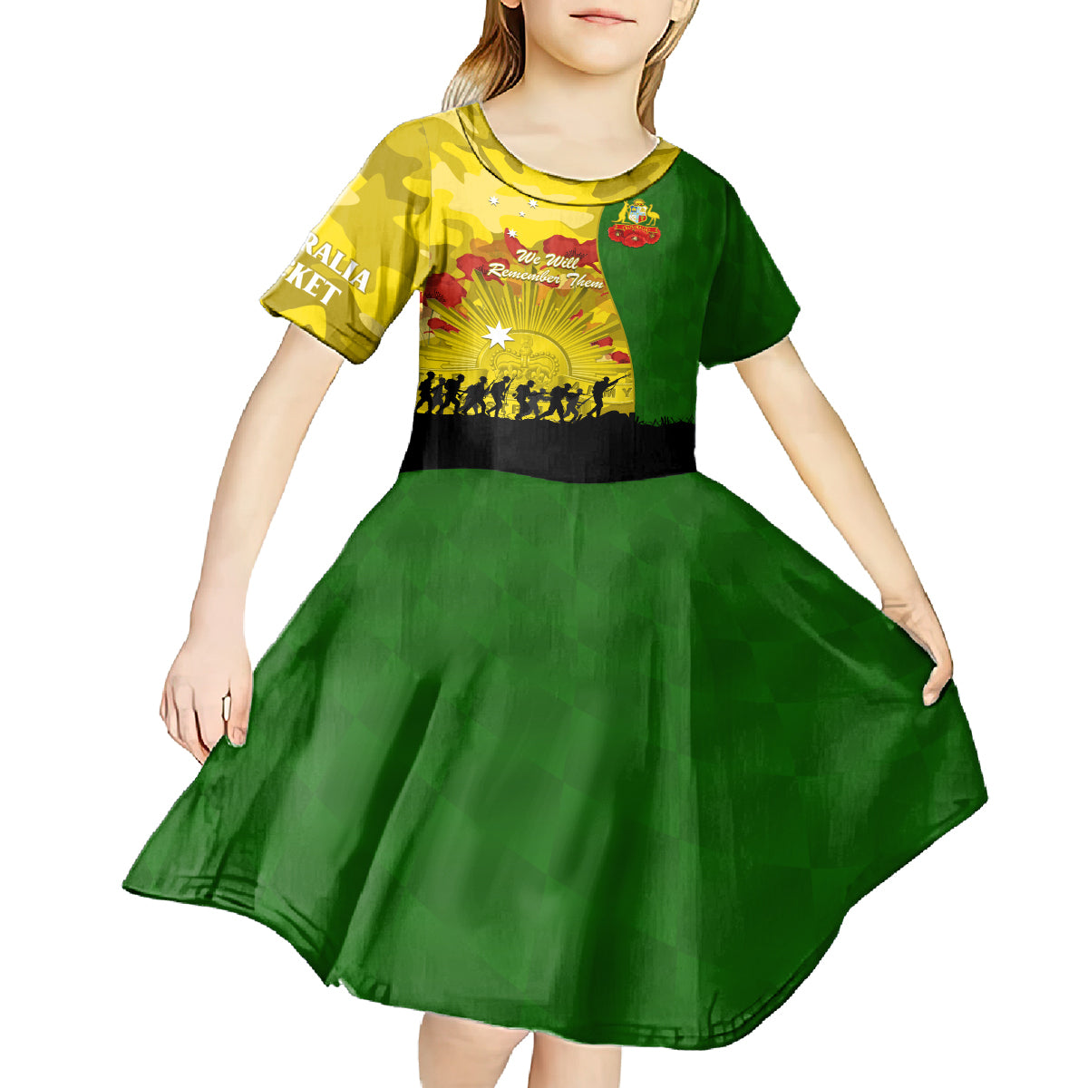 Australia Cricket ANZAC Day 2024 Kid Short Sleeve Dress Australian Army Camouflage With Poppies